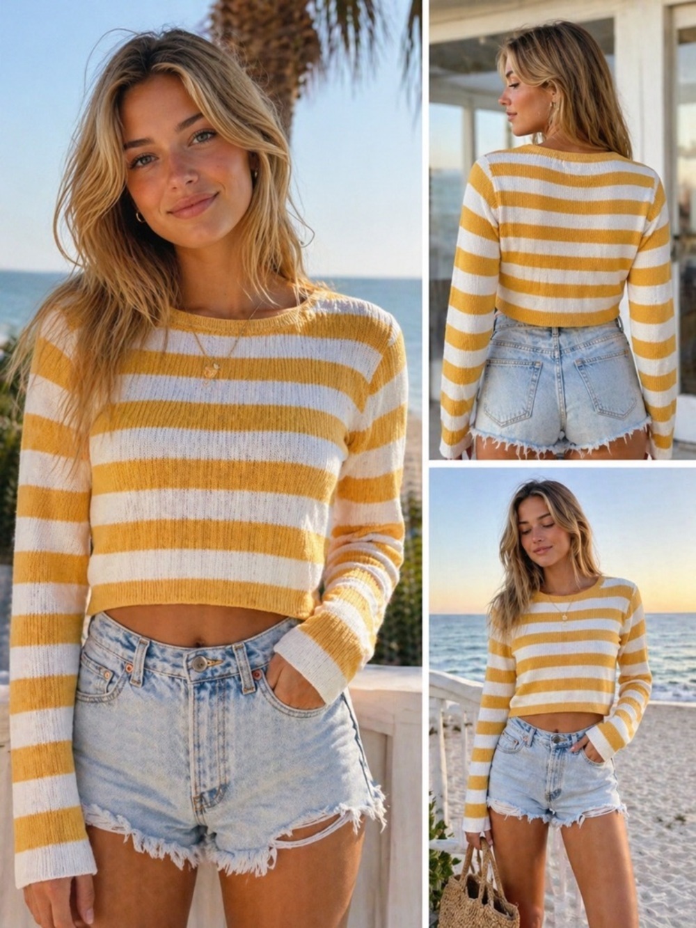 Yellow White Striped Crop Sweater Coastal Preppy Summer Nights Top XS S